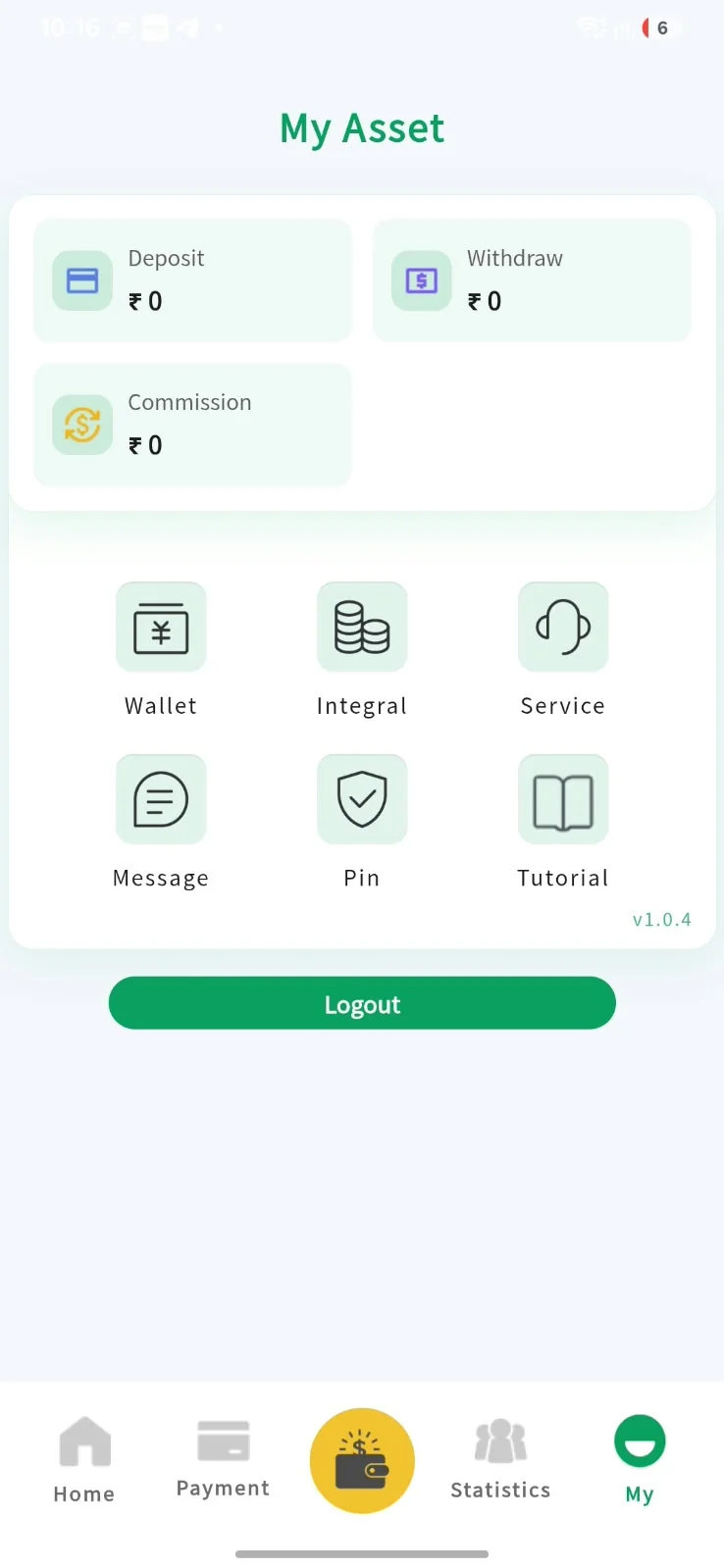 OK Pay My Asset screen with deposit, withdraw, commission, wallet, PIN, service and tutorial options