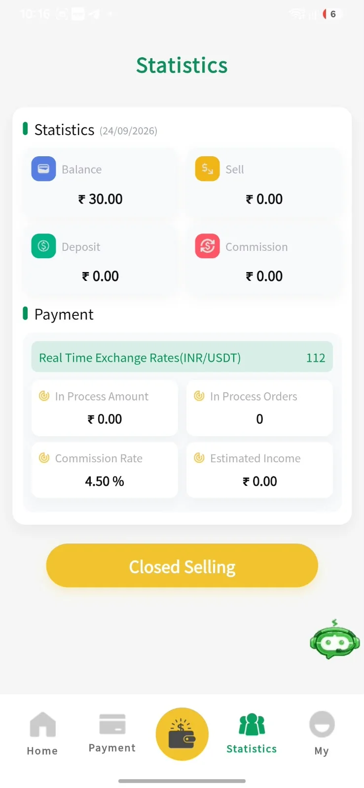 OK Pay Statistics screen showing INR/USDT rate 112 and commission rate 4.50%